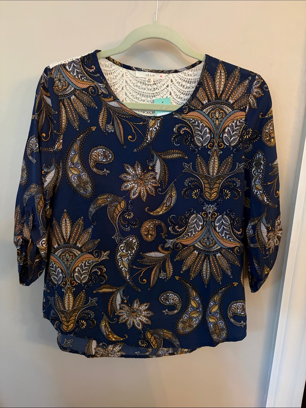 Le Lis Navy Paisley Floral Blouse with Gold Accents